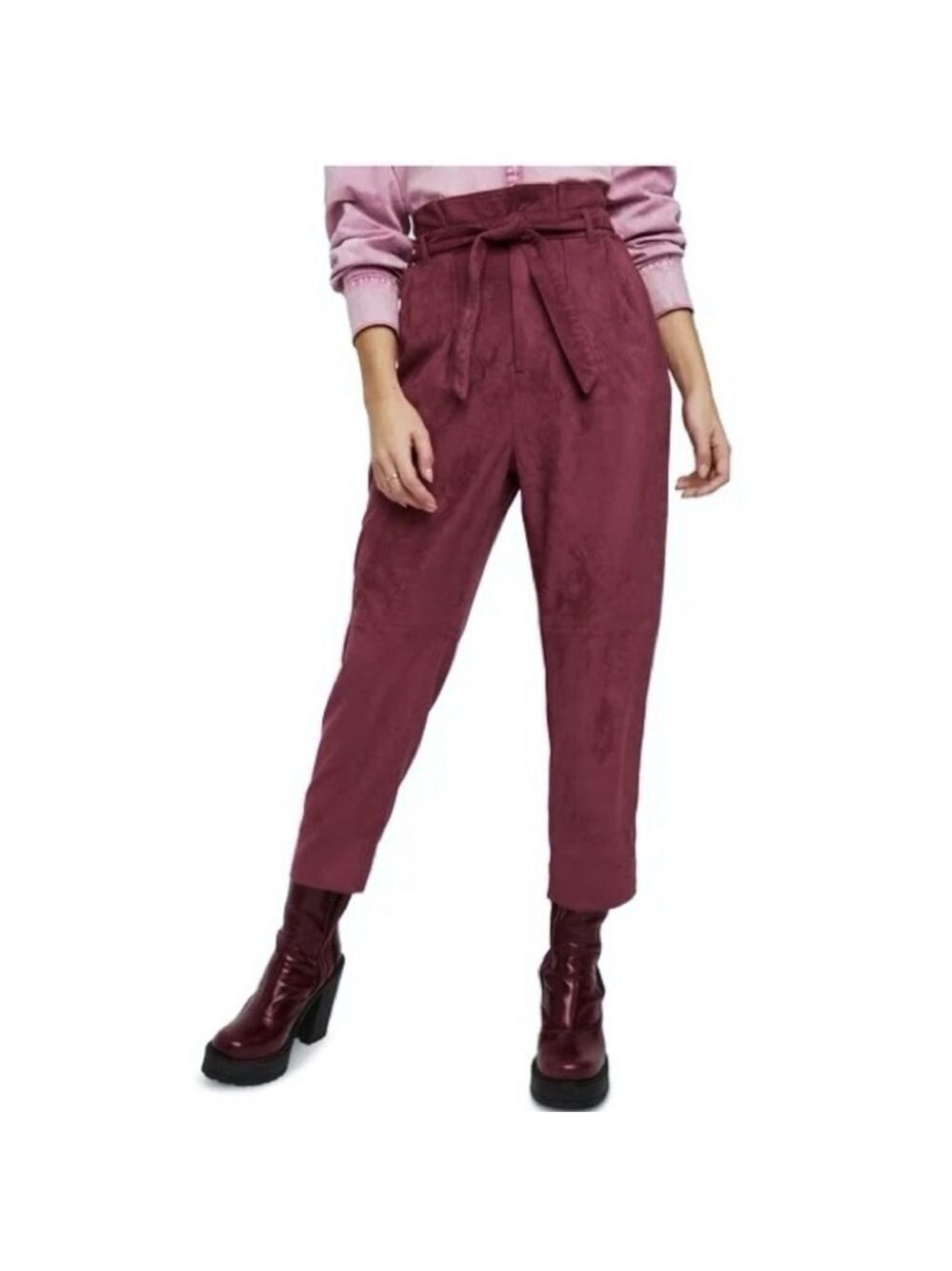 ICONE by Simons Burgundy Faux Suede Paperbag Trousers Size S